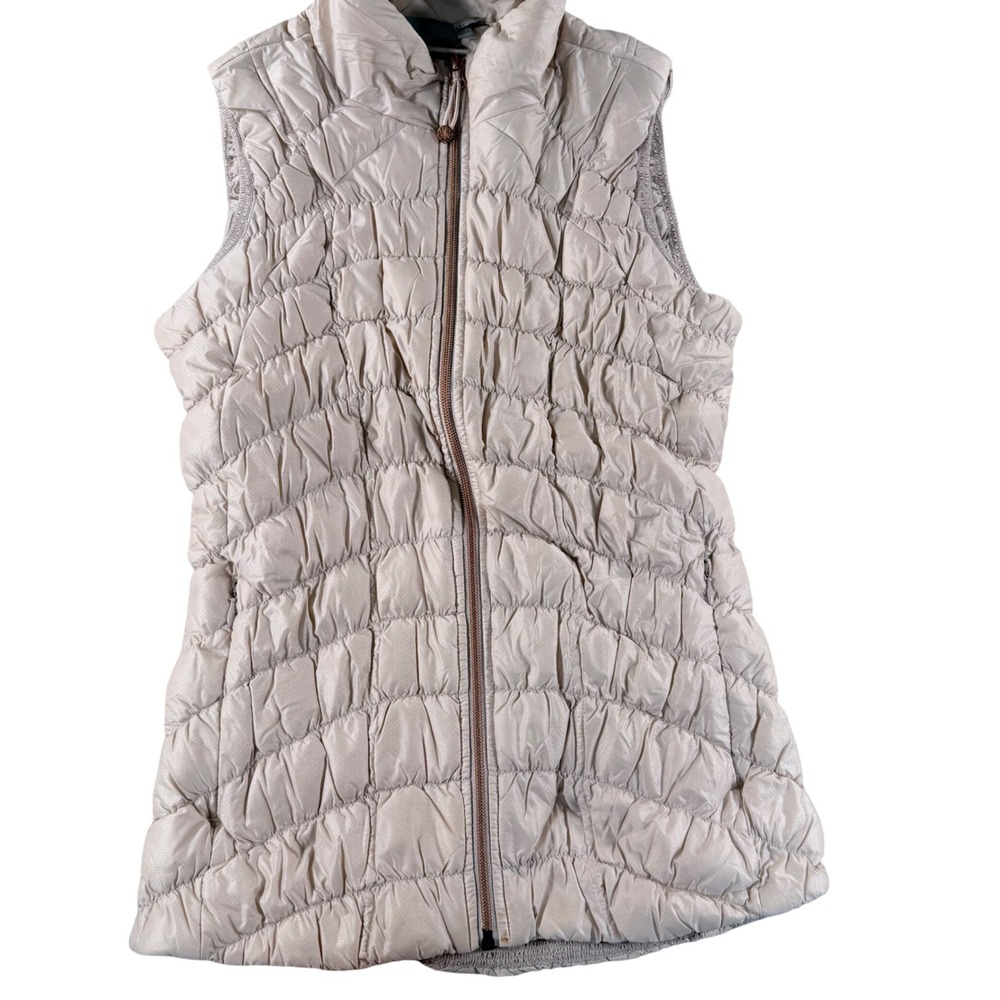 Athleta Puffer Vest Women S Tan Quilted Full Zip Sleeveless Rose Gold Hardware